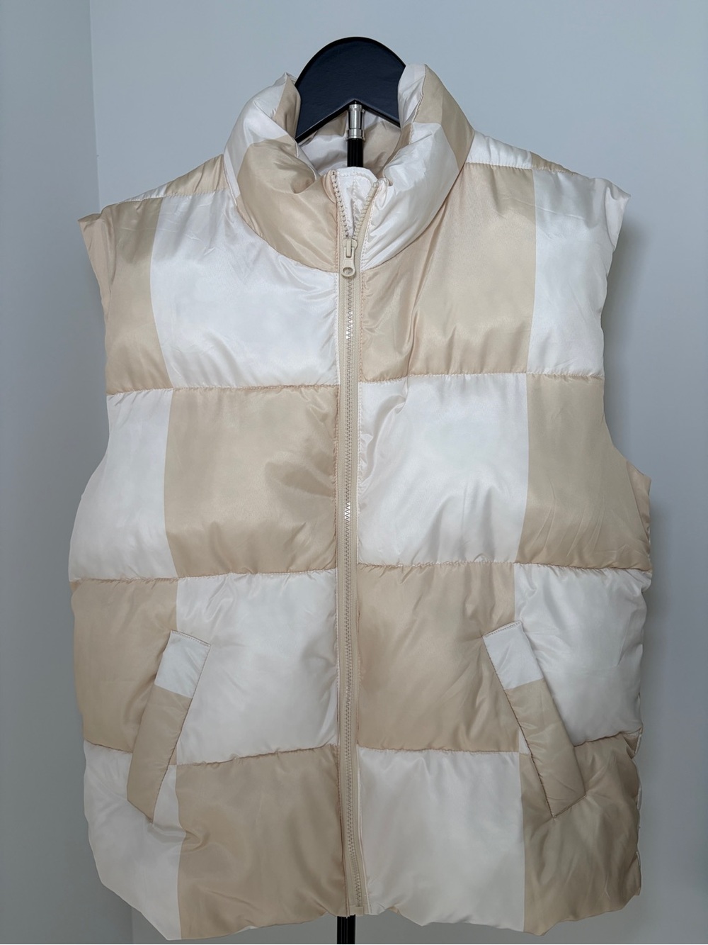 Beige and cream checkered puffer vest